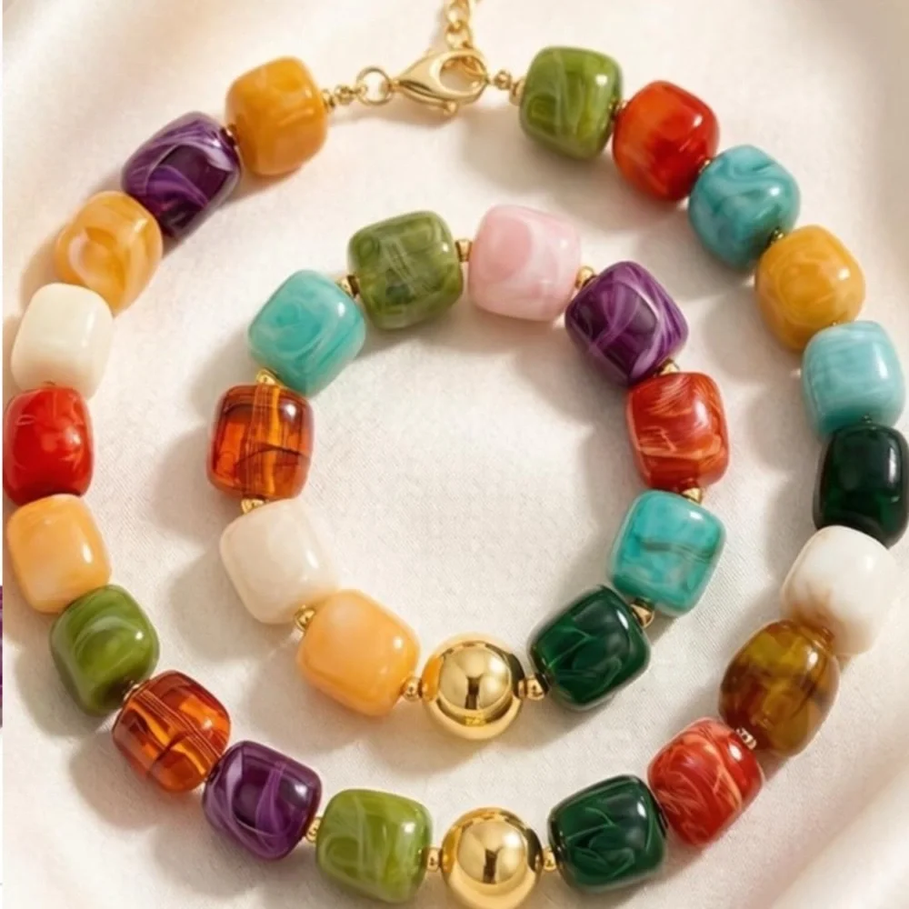 Colorful Bohemian Bead Marbled Necklace and Bracelet Set - Green Orange Blue new